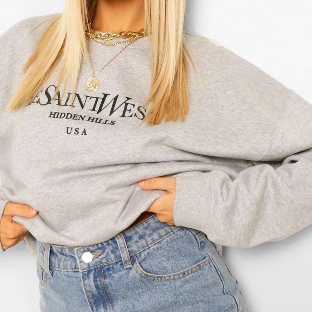 boohoo YE SAINT WEST SLOGAN OVERSIZED SWEATSHIRT - Grey Marl